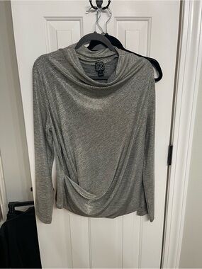Clara Sunwoo Silver Lame Draped Cowl Neck Top